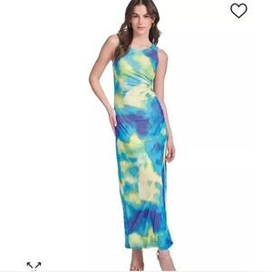Calvin Klein Watercolor Blue Green Yellow Patterned Ruched Midi Dress Size 2